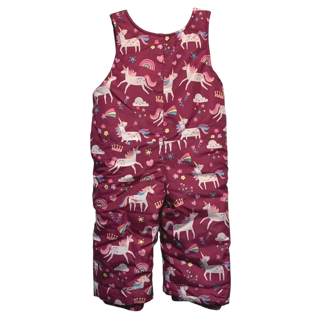 The Childrens Place Snow Bibs 18-24M Pink‎ Unicorn Rainbow Fleece Lined Overalls